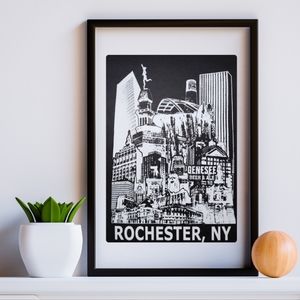 Original Graphic of Rochester,NY. Screen-printed poster. White on Black 19"x13"